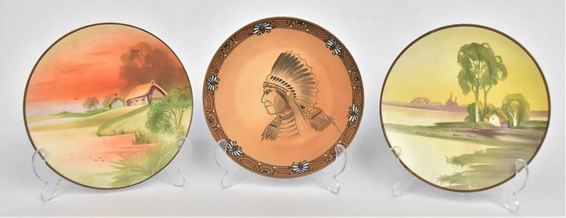 Three Nippon Hanging Plates: All 7 3/4" dia two with landscapes, one has indian chief portrait, minor missing beads, otherwise all in good condition.