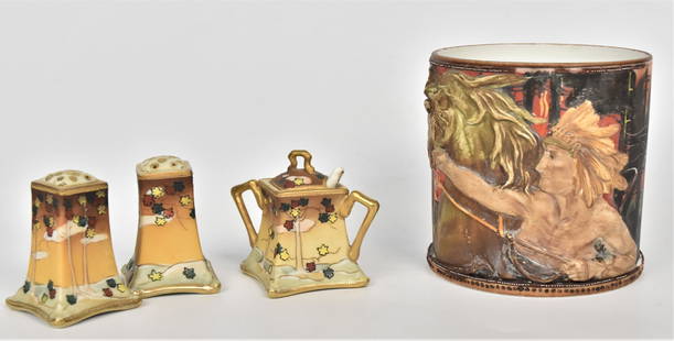Three Nippon Hand Painted Table Set: Consisting of a 3" mustard pot with cover & spoon plus salt and pepper shakers, 3" nice fall landscape. Good condition.