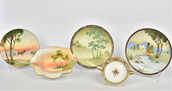 Three Nippon Chargers Plus: Consisting a 2 1/4" x 10' oblong scenic bowl, Three landscape chargers, largest 10" dia, plus a 1 3/4" x 7/14" L mayo bowl. Minor flat chip to 2 chargers otherwise good condition.