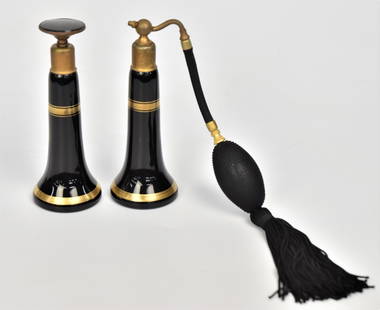 Ebony & Gold Atomizer Set: A 5 1/2" atomizer plus a 5 1/2" perfume with stopper having a long glass daubber. Attractive set in good condition.
