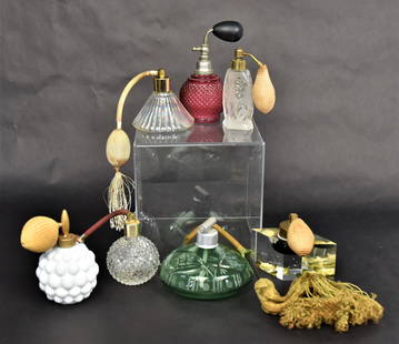 Seven Atomizer Perfumes: Most with original bulbs, tallest is 5" H. Good condition.