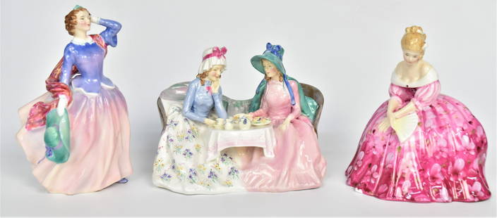 Three Royal Daulton Figurines: Afternoon Tea -5" x 7", Blithe Morning - 7 1/4"H, Victoria 6 3/4". All good condition.