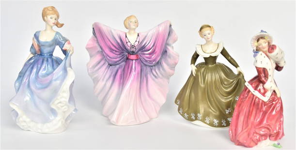 Four Royal Daulton Figurines: Isadora - 8", Elizabeth -8 1/4, Geraldine 7 1/2", Christmas Morn - 7". All good condition.