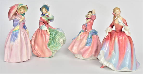 Four Royal Daulton Figurines: Maytime - 7", Nicola - 7 1/4", Spring Morning - 7 1/2", Miss Demure - 7 1/2". All good condition.