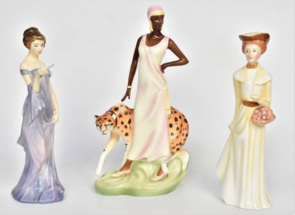 Three Royal Daulton Figurines: Charlotte & Cheeta - 9 1/2", Harmony - 8 1/4", Emily in autumn - 8". All good condition.