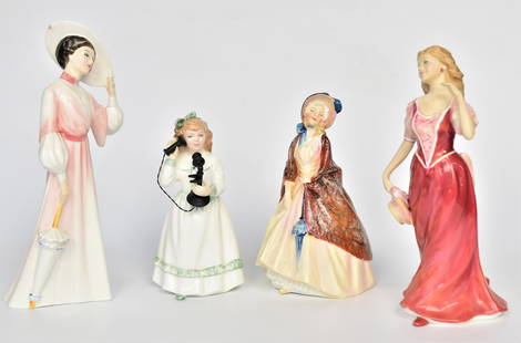 Four Royal Daulton Figurines: Paisley Shawl - 6 1/4", Hello Daddy - 5 3/4", Strolling - 7 3/4", Cathrine in spring - 8 1/2". All in good condition.