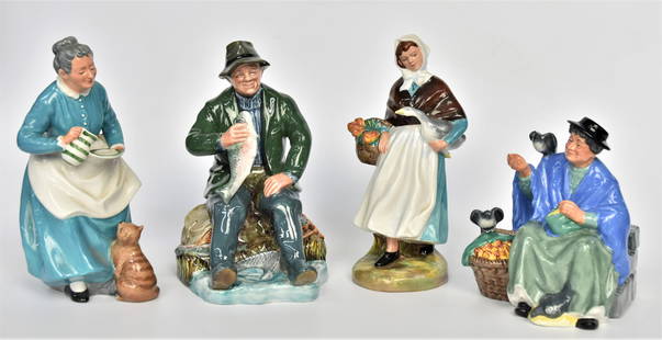 Four Royal Daulton Figurines: A Good Catch - 7", The Favorite - 7 1/4", Tuppence a bag - 5", Country Lass - 7 1/2". All good condition.