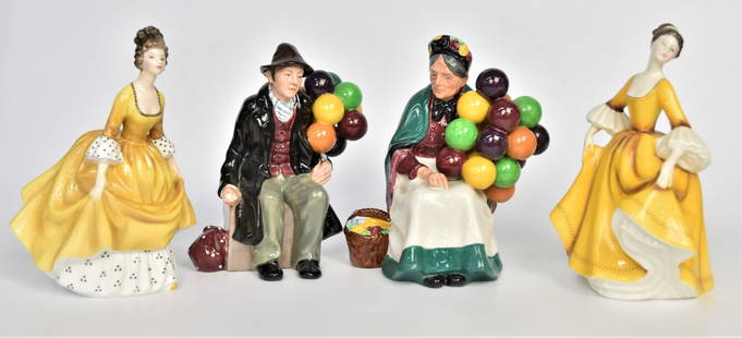 Four Royal Daulton Figurines: The Old Ballon Seller - 7", The Balloon Man - 7", Stephaine - 7 1/2", Coralie - 7 1/4". All good condition.