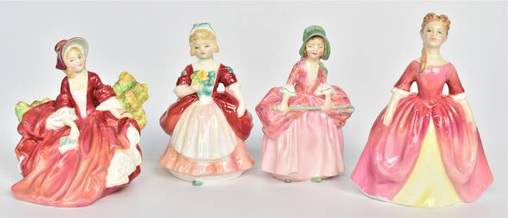 Four Royal Daulton Figurines: Bo Peep - 5", Valerie - 5", Lydia - 4 3/4", Debbie - 5 1/2". All good condition.