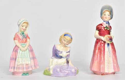 Three Royal Daulton Figurines: Mary Had a Little Lamb - 3 1/2", Tootles - 4 1/2", Diana -5 1/2". All good condition.