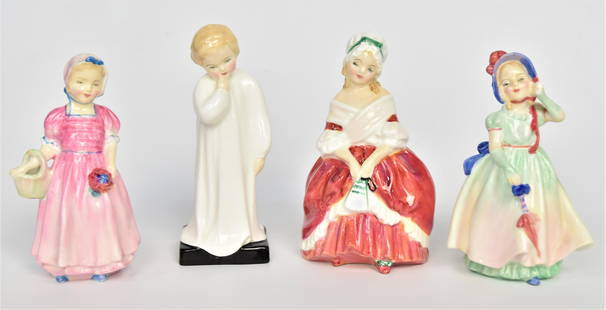 Four Royal Daulton Figurines: Tinkel Bell - 5 1/22", Darling - 5 1/4", Babie - 4 1/2", Peggy - 5". All good condition.