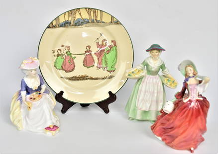 Four Royal Daulton Figurines: Kathleen - 7", Autumn Breezes - 7 3/4" broken and repaired to body, Daffy Down Dilly - 8" cracked base, plus a 10" dia plate of dancers in forest, as is lot.