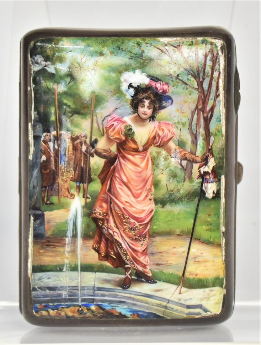 English Enamel Sterling Cigarette Case: Colorful painted polychrome enamel scene on dome lid of a young richly dressed Victorian lady gazing at a fountain with her ornate sedan chair with servants in forested background, push button clasp, 