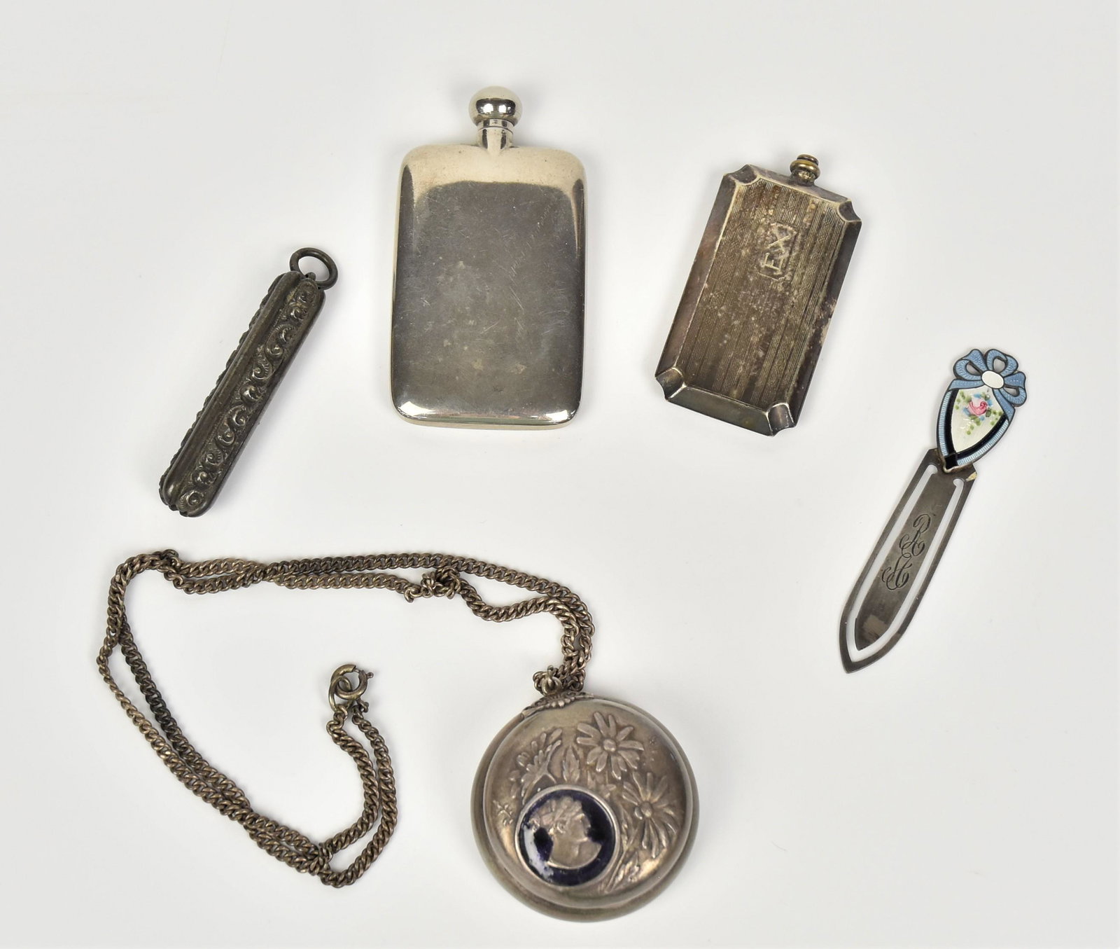 Five Silver Grouping: Includes hand held perfume bottle unmarked with threaded lid, 1 1/2x 2 3/4 x 1/8" thick; plus 2nd perfume bottle with engraved initials EX marked silverplate 2 1/4 x 1 1/8 x 1/" thick; plus marked Ste