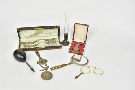 Misc Silver Lot: Lot of seven, including boxed set of serving knife and fork by Clemens Oskamp, Cincinnati in coin silver, box is 8 x 3 x 1 1/2" high with satin liner and push button clasp; plus boxed engraved