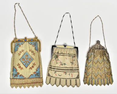 Three Victorian Ladies Mesh Hand Purses: Largest is 7 1/2" x 4 3/4"W. Good condition to all.