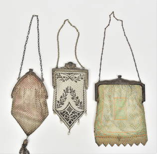 Three Victorian Ladies Mesh Evening Purses: Largest is 7" x 5"W. Good condition.