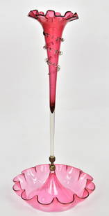 Victorian Cranberry Two Piece Epergne: With crystal rigaree trim 22 1/2" overall height, tray is 10 1/2" across & has a few open exterior bubbles. Good condition.
