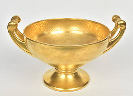 Impressive Pickard Etched China Compote: Double scroll handles 8" x 12 1/2" across handles. Blue Baviaria LHS mark showy & in very good condition