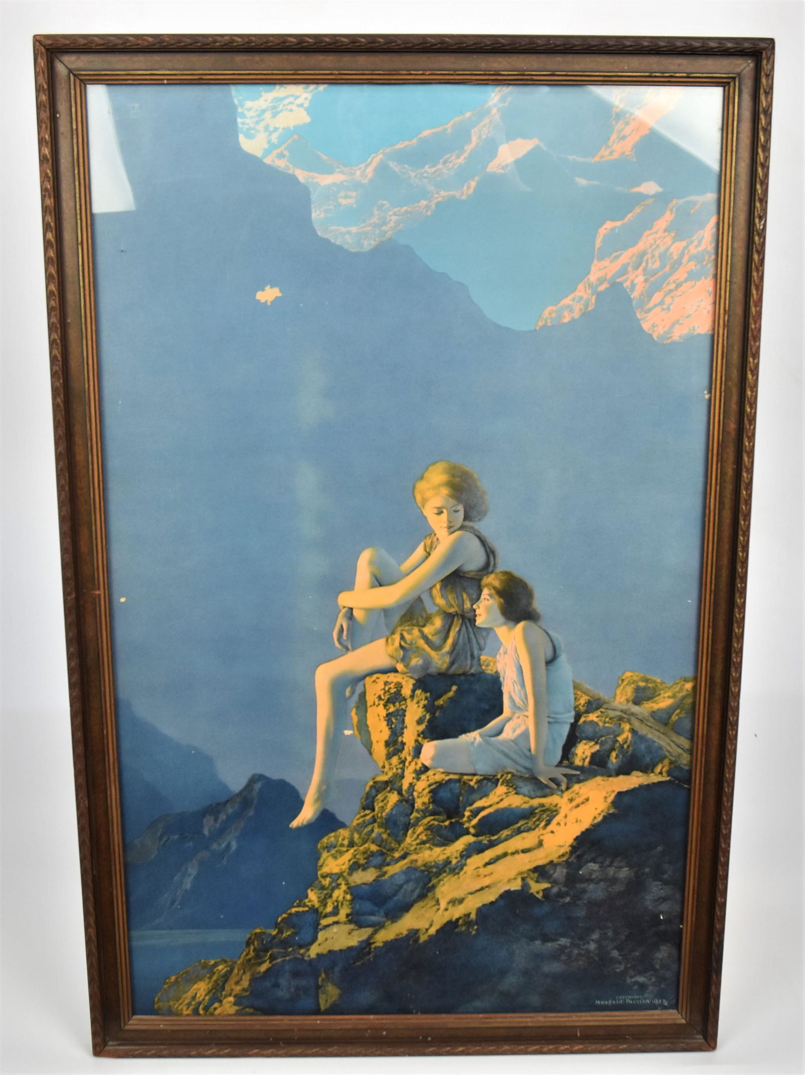 Original Maxfield Parrish print: Titled Contentment Marked Maxfield Parrish 1927 lower right, sight 22H x 13 1/2 W, Frame 24 H x 15 1/2 W. Few minor scratches otherwise good condition.