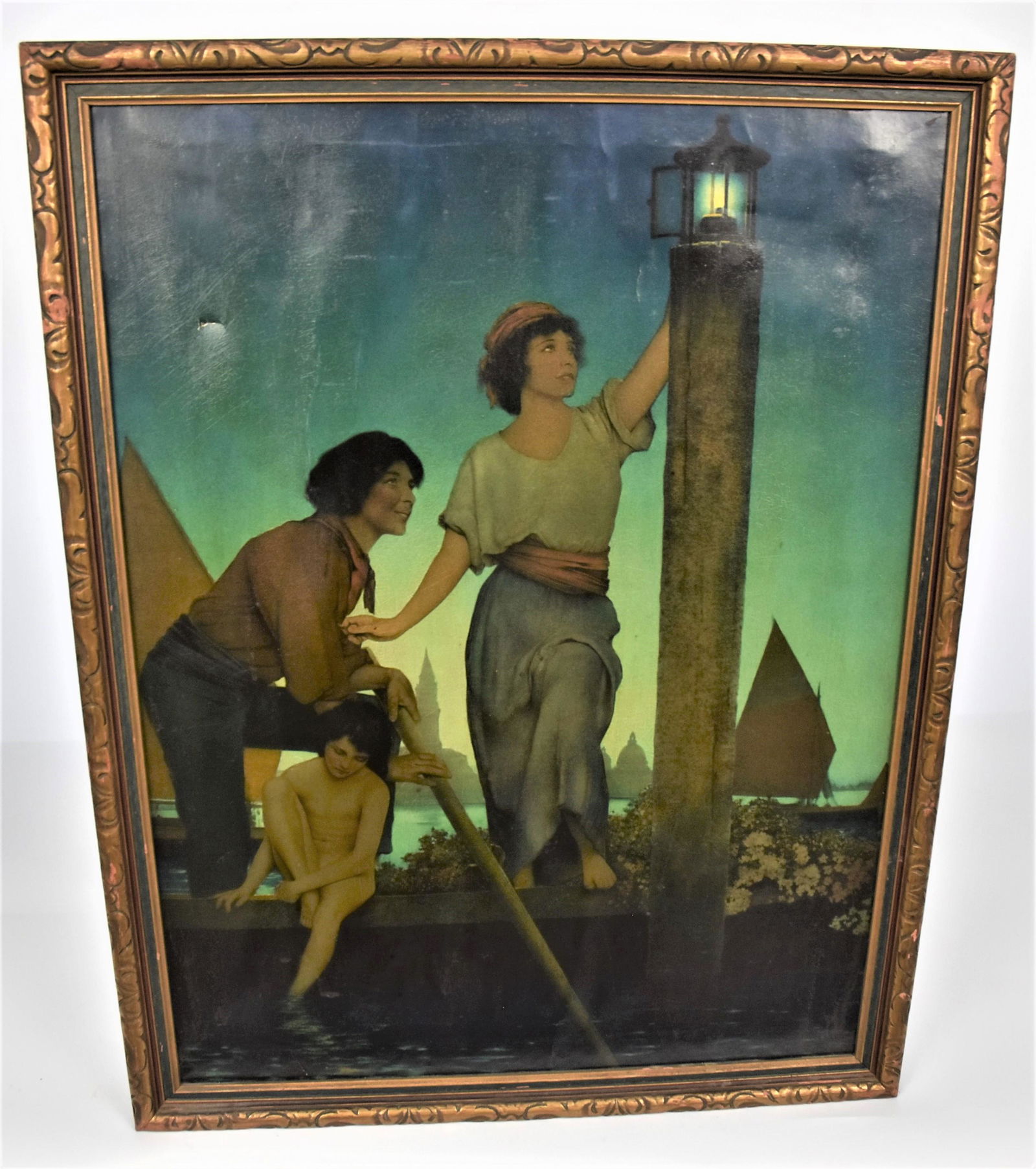 Original Maxfield Parrish Print on Canvas: Titled Venetian Lamp Lighters sight 18 1/4 x 13 3/4 , Frame 20 1/4 H x 15 1/2 W. One small puncture upper left otherwise good condition.