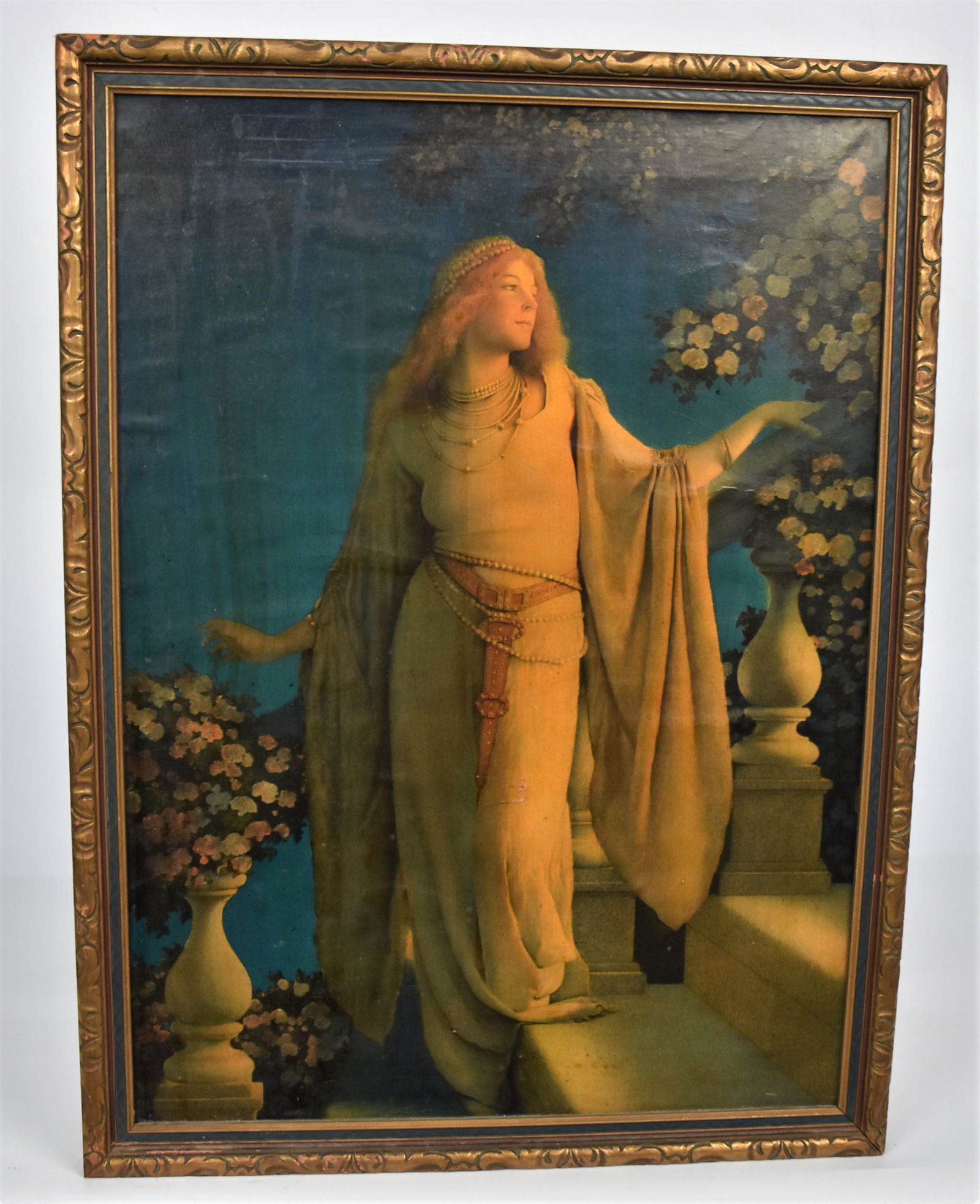 Original Maxfield Parrish Print on Canvas: Titled Enchantment sight 18 1/4 x 13 3/4 , Frame 20 1/4 H x 15 1/2 W. Good condition.