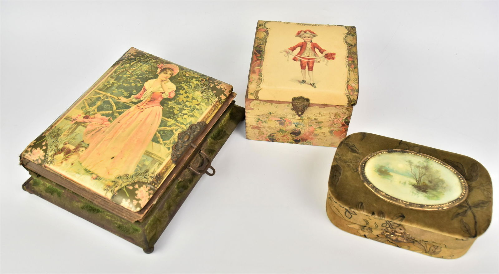 Celluloid Boxes Plus: Lot of three including a collar box with chromolithograph celluloid portrait of young boy in 18th century outfit on lid, brass clasp and floral chromolithographed sides over wood, 6 1/2" suare x 5" hi