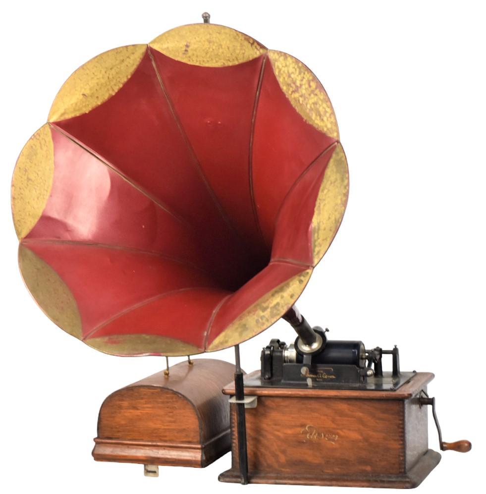 Edison Standard Phonograph: Complete with reproducer, crane, red & gold painted 18" diameter horn, crank, with domed lid with handle all decals and labels in oak, 13 x 9 1/2 x 11 1/2" high, less handle. Condition minor wear, wor