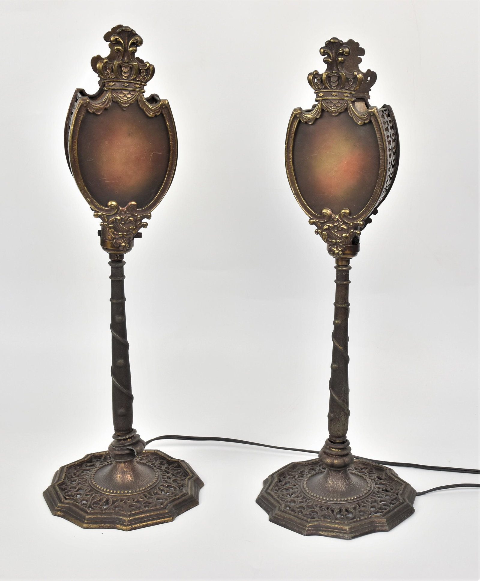 Pair Renaissance Revival Boudoir Lamps: Cast brass mouts on mica shades with brass plated iron base in candlestick form with reticulated base,6 1/2" diameter x 20" high. Condition VG.