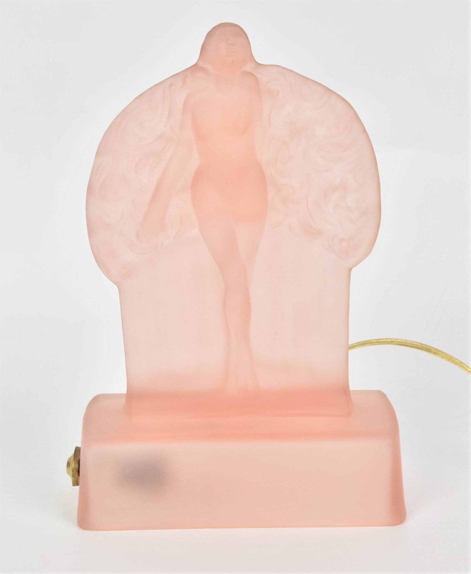 French Art Deco Nude Lamp: Nude with long curly hair, pink satin glass, 11 1/4"H x 7 5/8" W. Very good condition.
