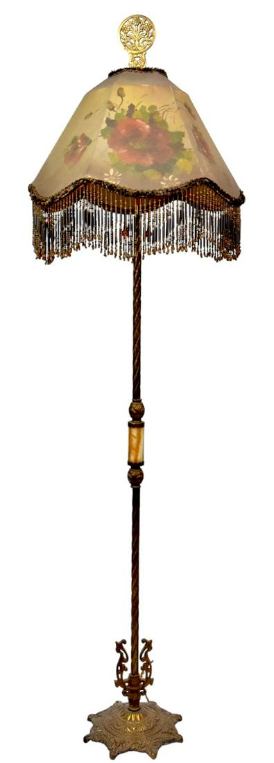 Victorian Brass & Onxy Floor Lamp: Supporting a hexagonal linen shade hand painted with poppies. Original beaded trim, height is 65" including the large brass floral finial. 10 1/2" across base, original electric cord. All Original.