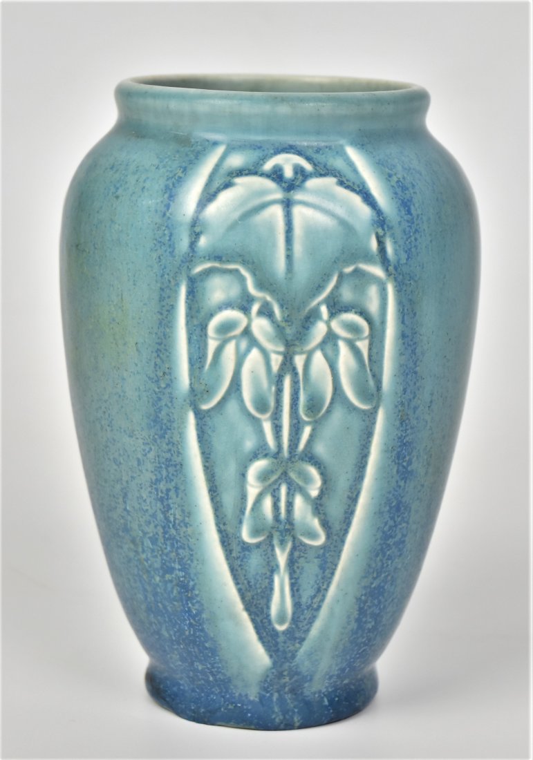 Rookwood Blue Arts & Crafts Crystaline Vase: Measures 5 1/2" H, Date 1926, shape 2123, glaze pulls below base, wheel cut X.