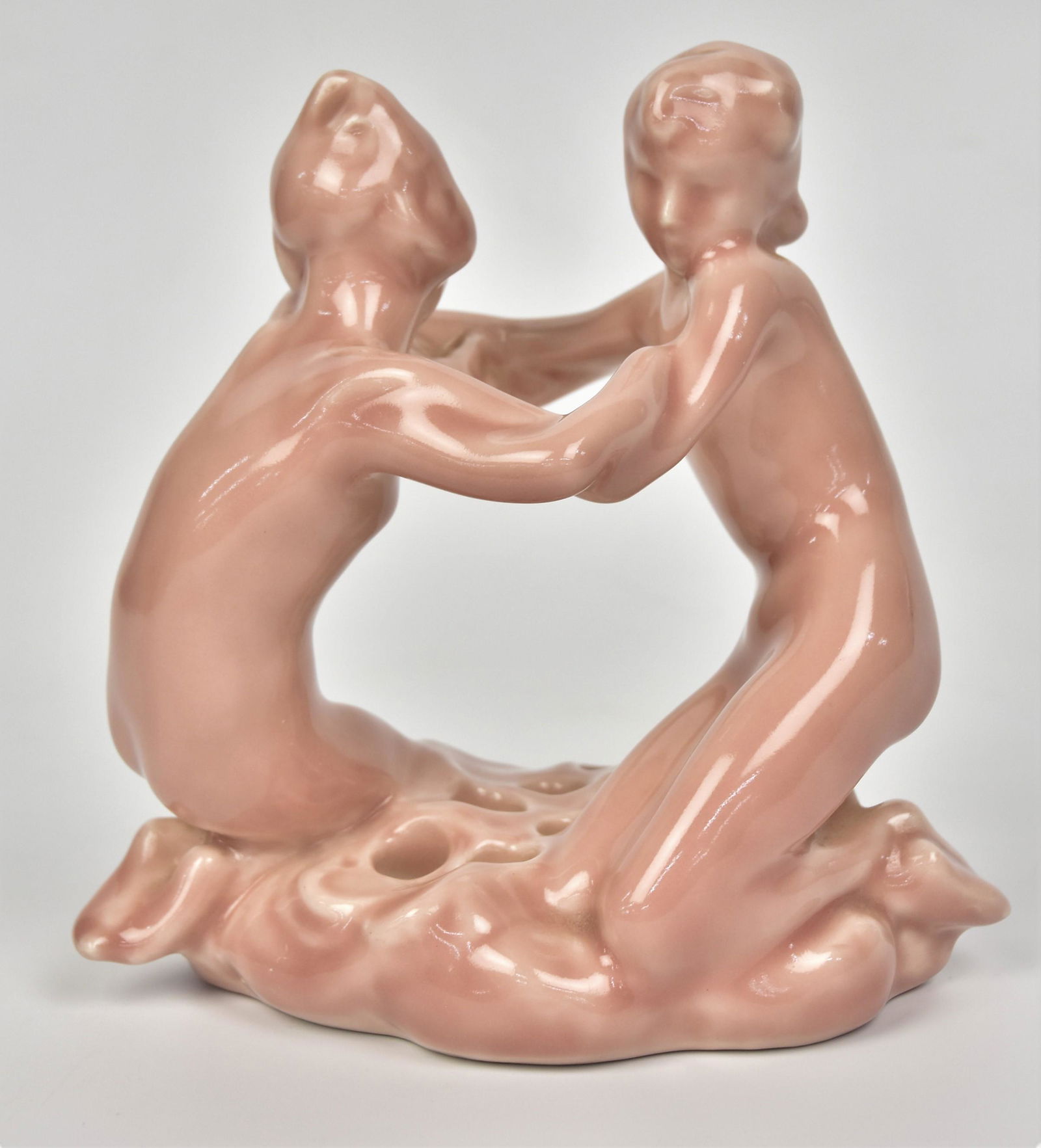 Rookwood Nude Children Flower Frog: Measures 6" H x 5 1/2" W, Date 1922, shape 2338, Impressed original model by Chester Beach. Very good condition.