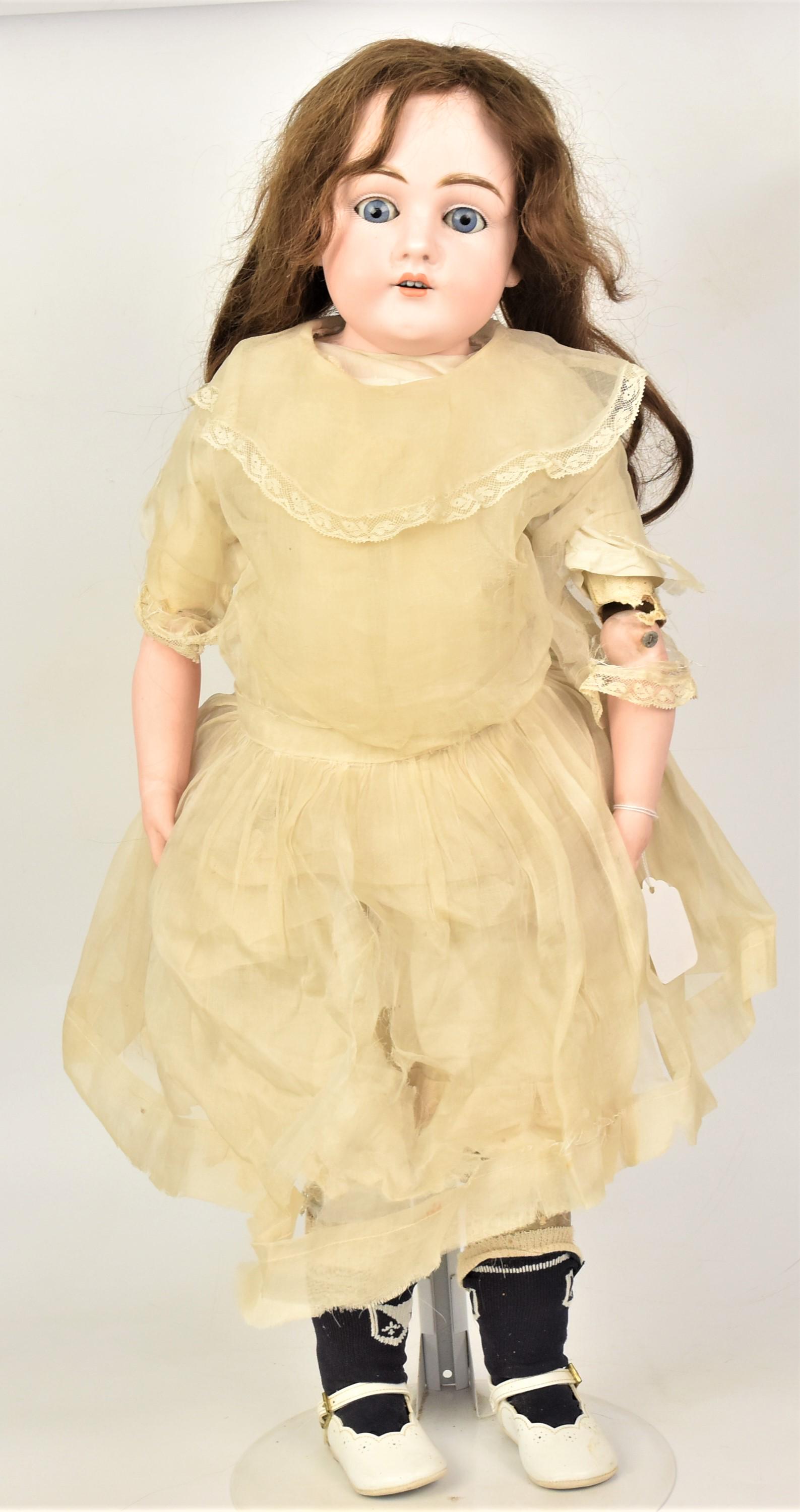 German Bisque Shoulder Plate Doll: Marked Dep. 154 on jointed kid body with sleep brown glass eyes, open mouth period lace outfit, new wig & shoes, 28" tall. Condition body needs repair.
