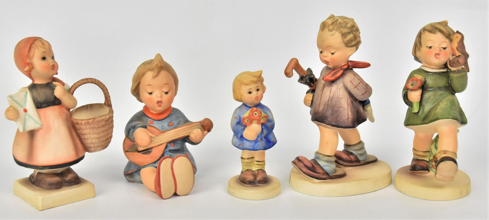 Five Hummel Figurines: Includes #356 TMK-5,# 53 TMK-6, #320/0 TMK-7, #239/A TMK-6, #13 2/0 TMK-4, tallest is 5". All good condition.