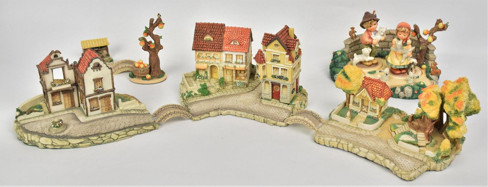 Hummel Village Plus: Bavarian Villiage includng 974-D country School, 954-D Gobel Miniatures, 960-D Bavarian Marketsquare, 3 bridges plus Kinder Park dated 1997, #921-D with Frisky Friends #2008 TMK-7 and Tender Love #200