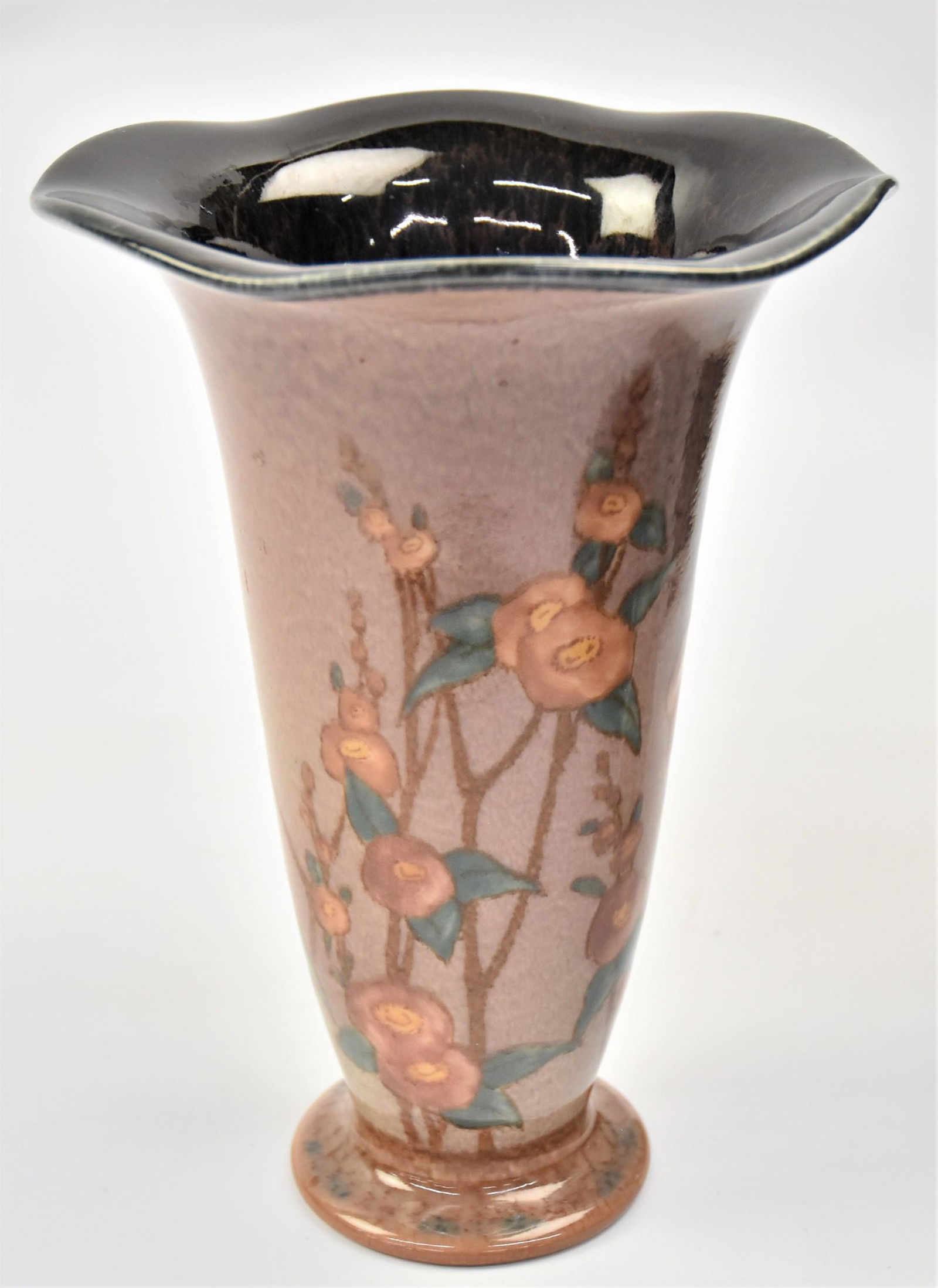 Rookwood Jewel Porcelain Vase by Sara Sax: Date 1926. Shape 2735. Fantasy floral stalks surrounds the body. Measures 8 1/4"H. Ms. Sax painted her cypher below the base. Alluring design. Very good condition.