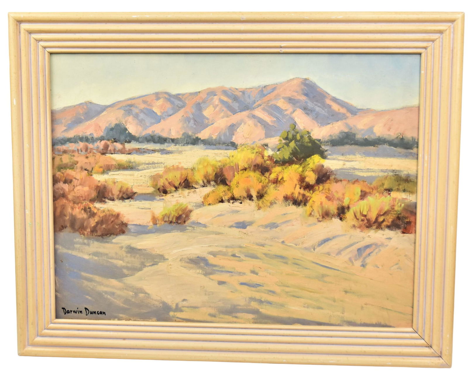 Caliornia Oil Landscape by D.W. Duncan: Darwin William Duncan (California 1905-2002) oil on artist board desert landscape signed Darwin Duncan lower left, 24 x 18", framed 29 x 23". Condition Fine.