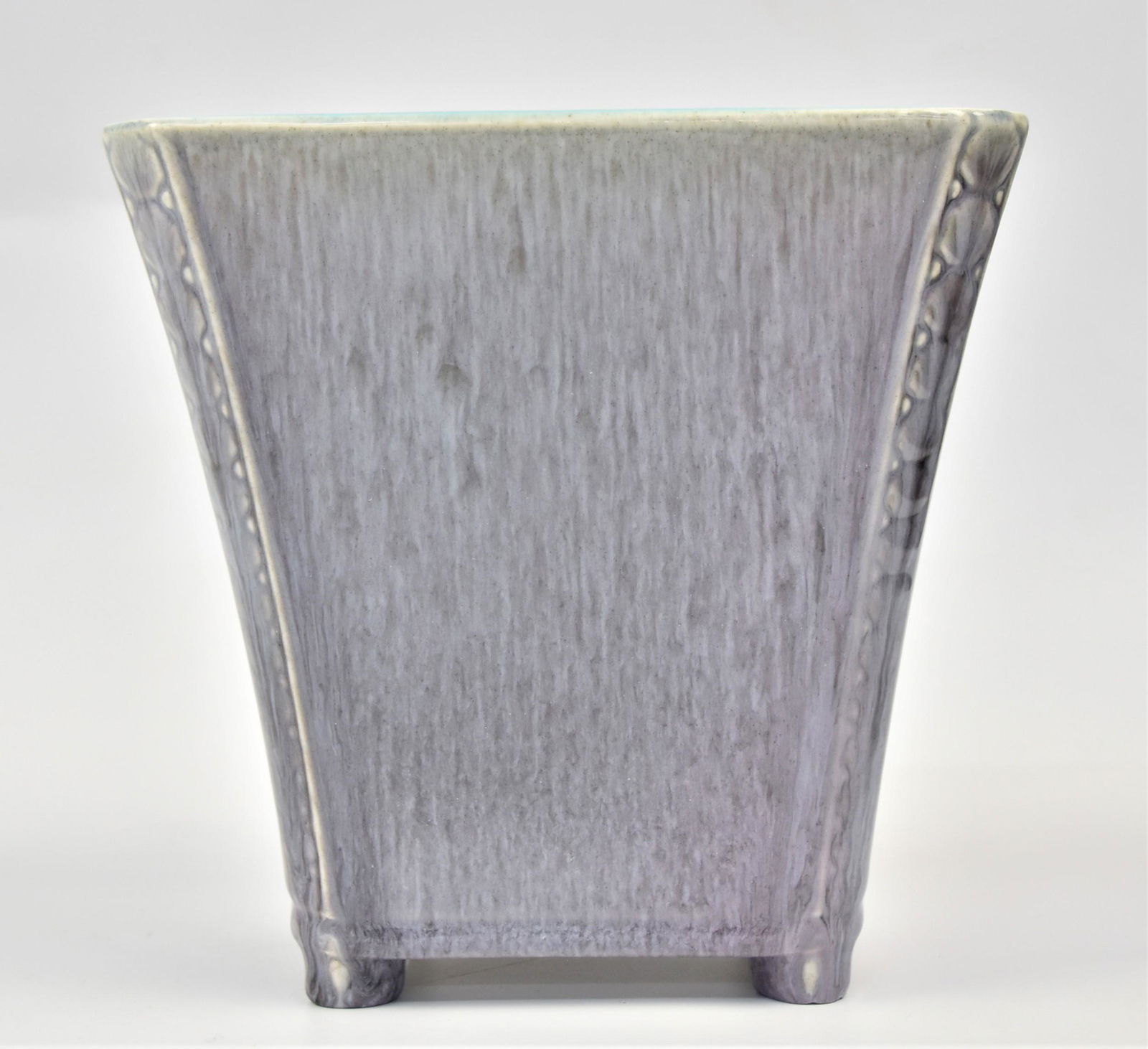 Rookwood Pottery Shirayamadani Vase: Bi-color high glaze with exterior mottled snake skin gray and interior turquoise, marked with Rookwood symbol, dated 1949, shape number 6036, designed by Kataro Shirayamadani, 6 1/2 x 4 1/2 x 6 1/4" h