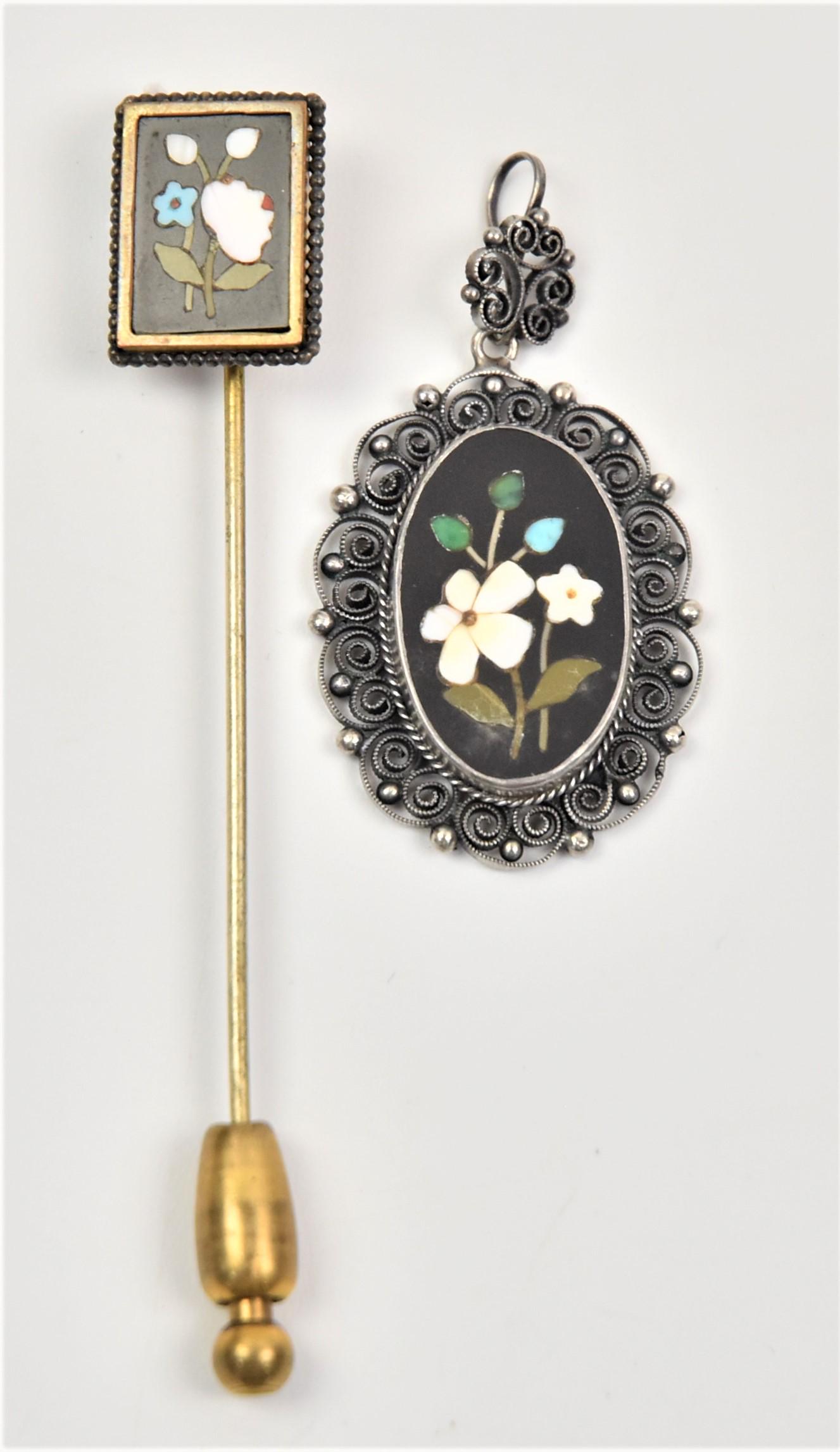 Italian Petra Dura Stick Pin & Pendant (1 of 2)