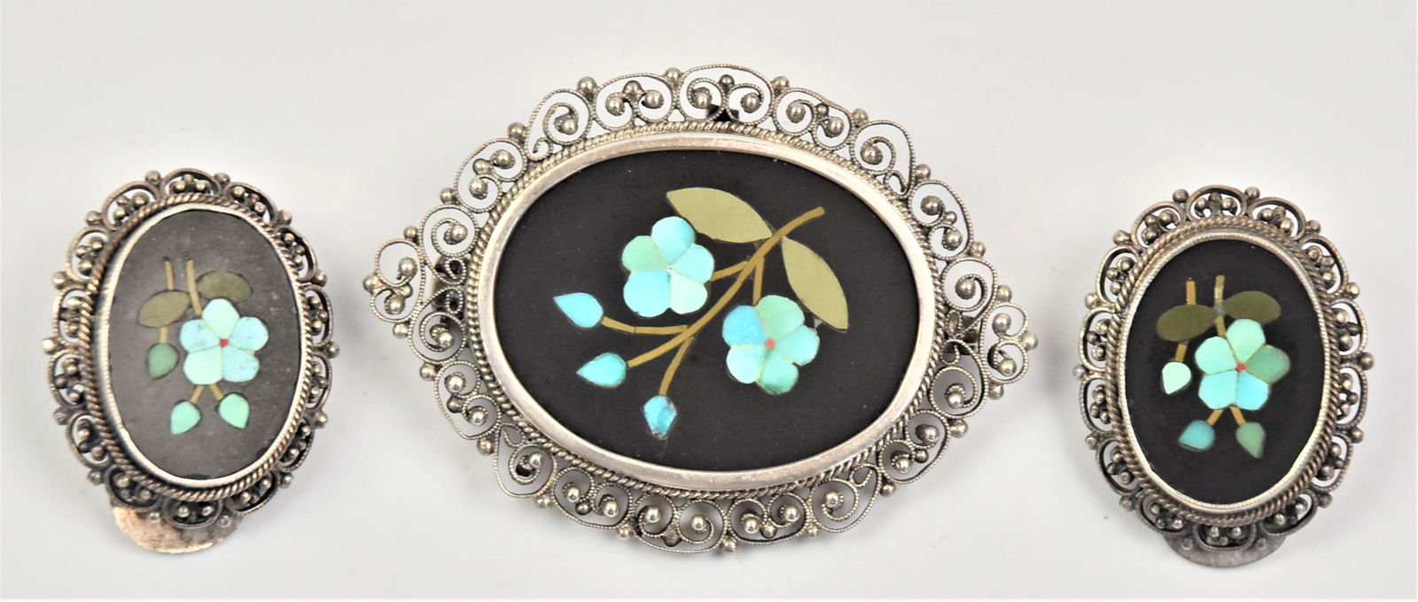 Italian Silver Petra Dura Broach & Earring Set (1 of 3)