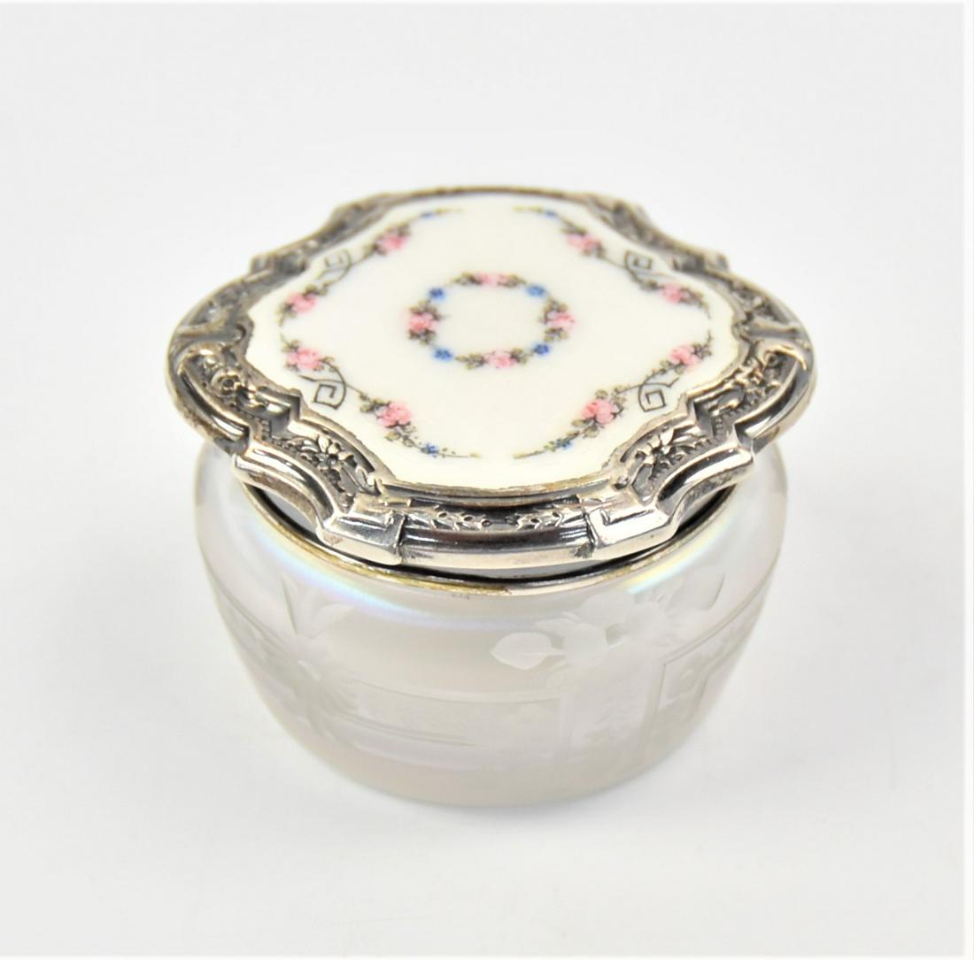 Fine Art Glass Dresser Jar: Floral enameled Sterling lid marked Blackington Co. Sterling with engine turned ground under enamel, friction fitted on copper wheel floral engraved Verre De Soie jar, likely Steuben, 2 3/8" diameter