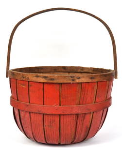 Red Painted Apple Basket: Split hickory with bent swing bale handle, 15" diameter x 10" high, less handle. Condition paint circa 95%, minor flaking on haandle, VG.