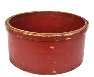 Red Painted Grain Measure: Bent wood with old red over gray, nice patina, 15 1/4" diameter x 7 1/2" high. Condition paint circa 85%, else VG.