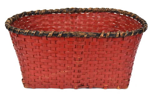 Red Painted Hickory Basket: Rectangular, early 20th century with black painted rim, 13 1/2 x 19 1/2 x 8 1/2" high. Condition paint circa 90% with most loss from black.