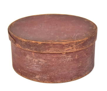 Red Painted Pantry Box: Bent hickory with lid, with chip carved initials JH, single finger construction with steel brads, nice old patina, 7 1/2" diameter x 3 1/2" high. Condition paint circa 75%, else VG.