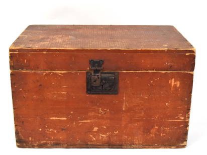 Red Painted Small Trunk: Dovetailed construction in poplar with exterior mounted steel lock, nice old paint, 16 1/2 x 11 x 10" high. Condition paint circa 70%, VG.