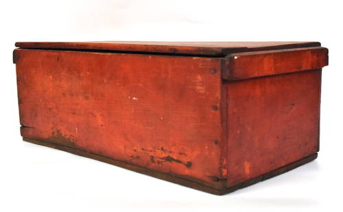 Red Painted Small Tool Chest: Circa 1900 with broad board ends, wire nail construction with lift off lid, interior with sliding shelf with four compartments, over open storage, fill with circa 15 cobbler and other tools, nice old