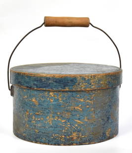 Blue Painted Lidded Panty Box: Bent hickory & white pine with wire swing bale handle with turned maple grip, 9 1/2" diameter x 5 1/2" high, less handle. Condition paint circa 70%, else VG.