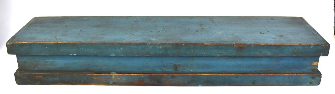 Blue Painted Tool Box: Circa 1880 with over-hanging lid and matching base molding, nice old patina, 31 3/4 x8 x 5" high. Condition paint circa 94%, VG.